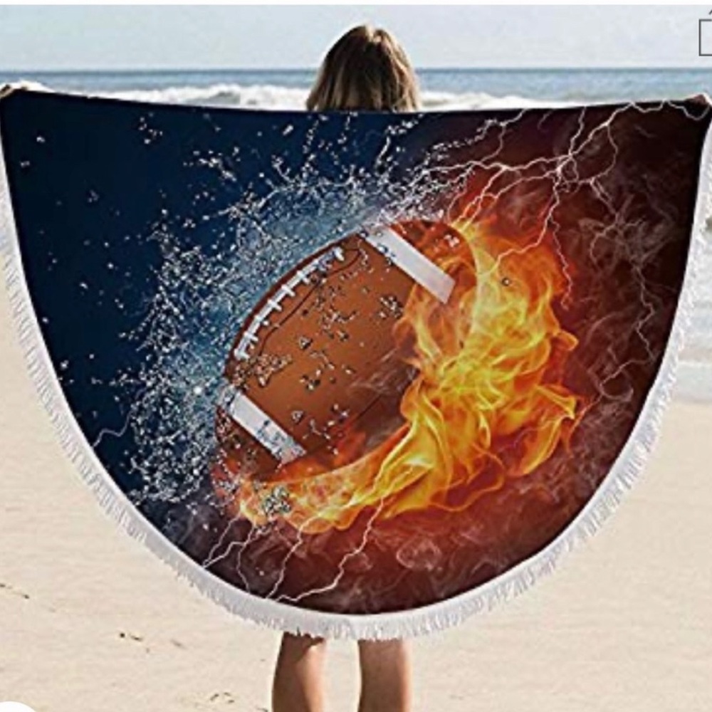 Football 🏈 With Flames 🔥 Round Beach 🏖 Towel Brand New Never Used